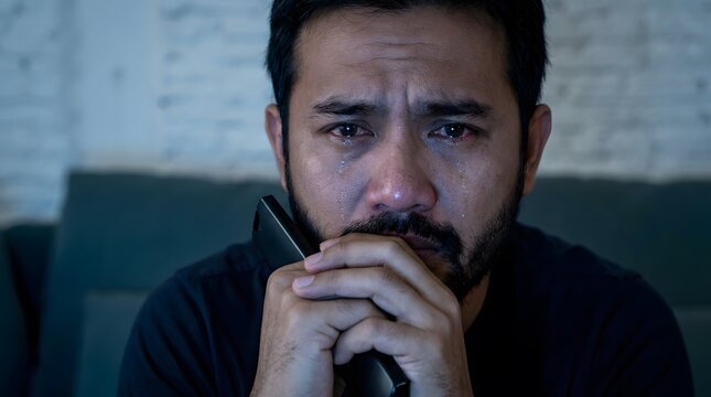 Distressed Man Crying with Smartphone after Receiving Bad News in Moody Lighting