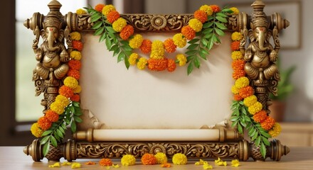 Obraz premium Intricate traditional Ganesha frame with marigold garlands. Hindu god Ganesha festival decor for Ganesha Chaturthi celebration card.