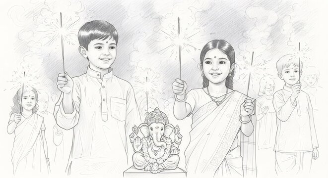 Happy children celebrating Ganesh Chaturthi with sparklers and an idol of Ganesh. Indian festival illustration for religious event.