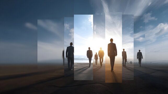 A group of business people walks together across an open path towards a bright optimistic horizon at sunrise