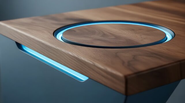Modern wireless charging pad embedded in wooden desk with glowing blue light for smart office technology