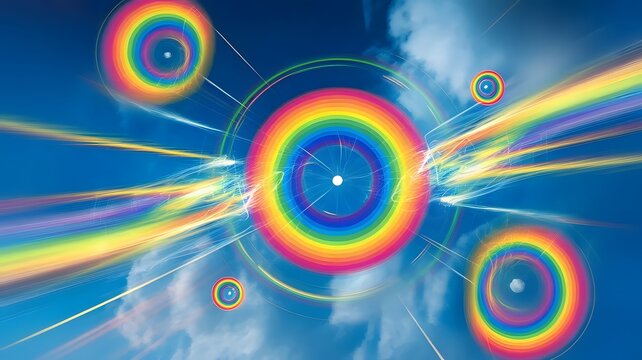 Vibrant rainbow-colored laser beams exploding in blue sky with clouds