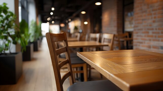 A warmly lit deeply focused view down a modern cafe dining area featuring wooden tables plants and exposed brick walls