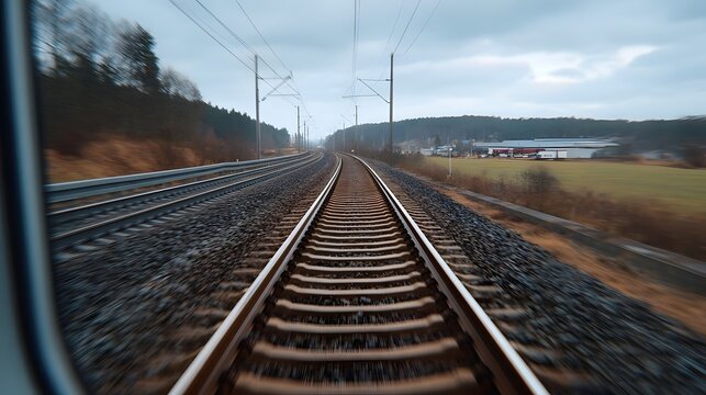 Receding train tracks create a strong sense of linear perspective suggesting a long journey through an open countryside setting