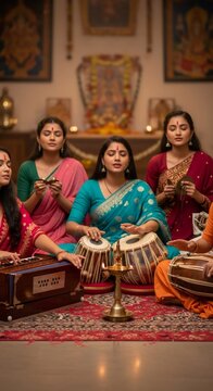 Ganesha Chaturthi puja with women playing traditional Indian musical instruments. Devotional music for Hindu festival celebration.