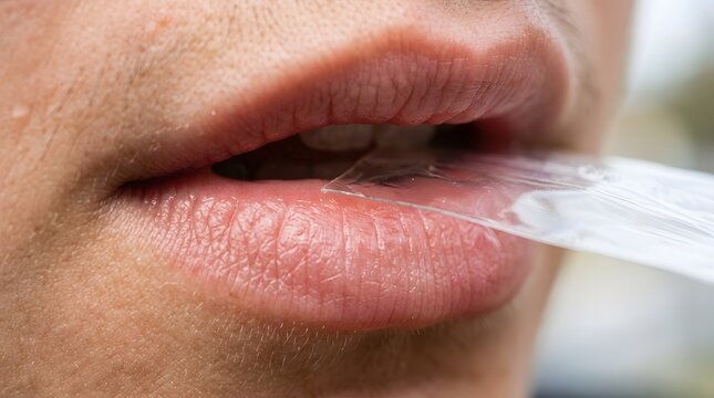 Macro shot of a man's mouth with a transparent, dissolving breath strip placed on his tongue.