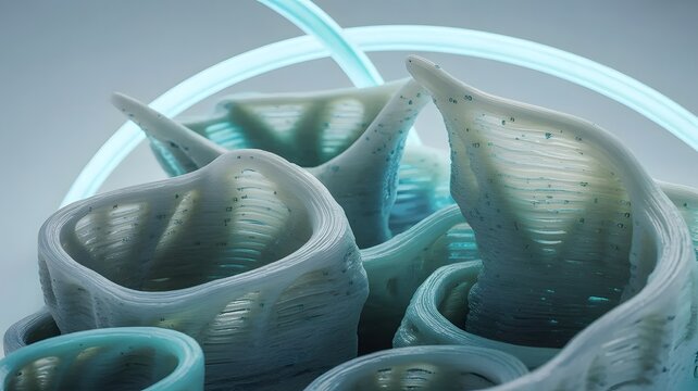 3D printed blue objects with neon light, technology concept