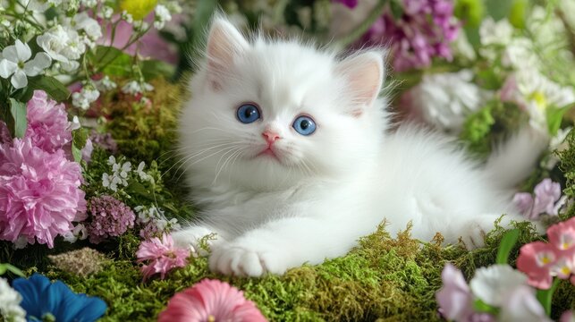 Fluffy white kitten amidst vibrant spring flowers