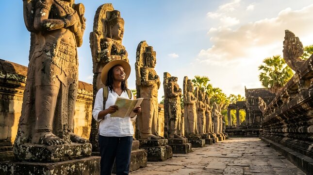 Black woman traveler holding guidebook exploring ancient temple stone statues in Cambodia at sunset