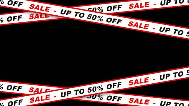Dynamic 4K Seamless Loop 3D Render of Discount Ribbons with Sale Up To 50 Percent Off Text Moving Over a Minimalist Black Background for Retail Promotions