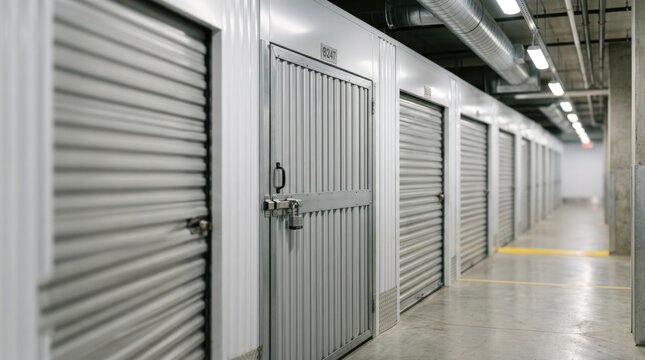 Medium shot of climatecontrolled selfstorage unit row with focused rollup door and blurred adjacent units highlighting secure modern design.