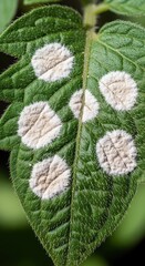 Fototapeta premium close-up of tomato leaf with powdery mildew fungal infection in garden on a bright day