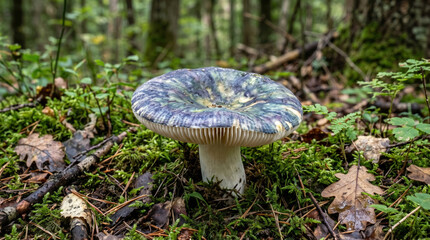 Fototapeta premium A Lactarius indigo mushroom, recognizable by its unique blue cap, grows on the forest floor surrounded by green moss and fallen leaves.