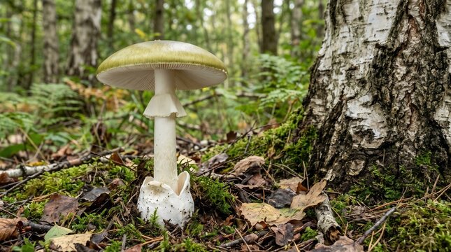 highly poisonous Amanita phalloides, known as the death cap, featuring its olive-green cap, white gills, and prominent volva at the base of a birch tree.