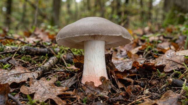 A ground-level shot of Clitocybe nebularis, known as the clouded agaric, growing among fallen oak leaves on the forest floor during the late autumn season.