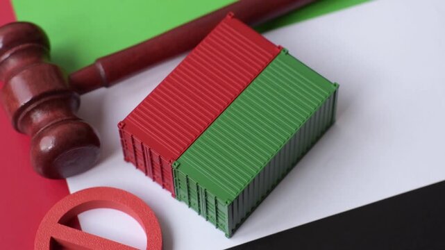 The cargo container ban on the united emirates flag as a conceptual backdrop for the export and logistics of goods. The cargo container embargo on the uae flag as a backdrop for your design
