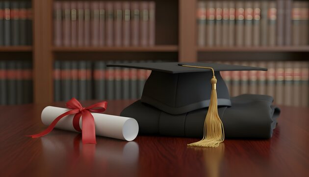 Black academic cap and gown with a rolled diploma on a wooden table in a library for a graduation ceremony and student success concept celebrating university achievement