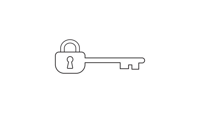 Minimalist black line vector icon of an encryption key with a padlock head on a white background, representing digital security, data protection, privacy, cyber safety, and secure access control.