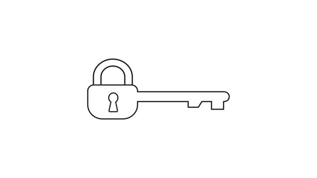 Minimalist black line vector icon illustration of a key combined with a padlock, symbolizing encryption, digital security, privacy, and data protection on a clean white background for web design.