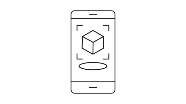 Augmented reality AR vector icon illustration featuring a minimalist black line drawing of a smartphone displaying a 3D cube in a viewfinder, perfect for technology and mobile app UI design.