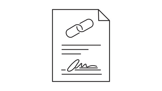 Smart Contract Minimalist Black Line Vector Icon Illustration: A Document with a Chain Link and Signature Representing Blockchain Technology, Digital Agreements, and Legal Paperwork on White.