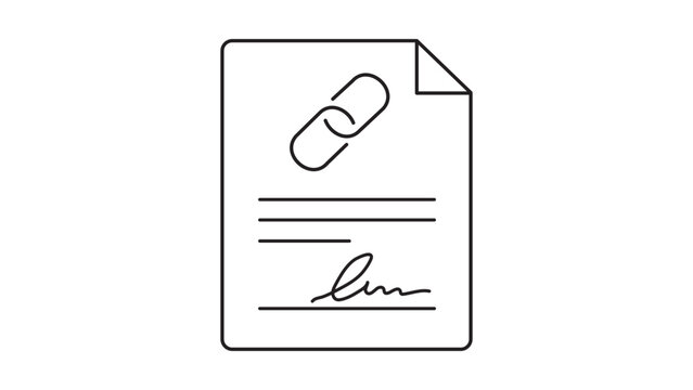 Smart contract vector icon illustration featuring a minimalist black line drawing of a document with a chain link symbol and a signature on a white background, scalable outline graphic design.