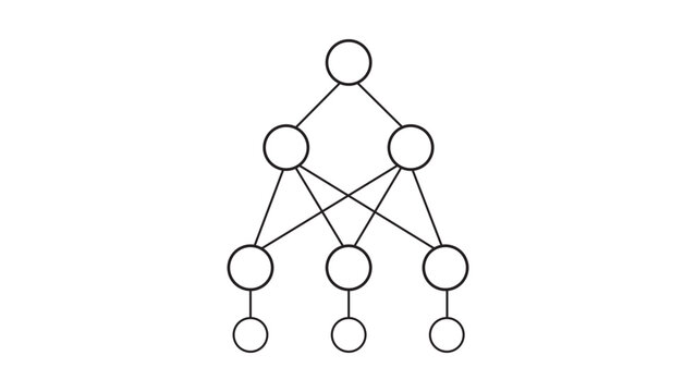 A minimalist black line vector icon illustration of a neural network structure representing machine learning, artificial intelligence, deep learning, and data science on a white background.