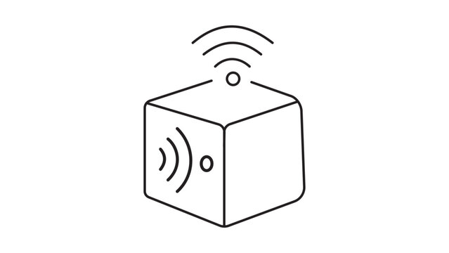 IoT smart device cube vector icon with wireless signal symbols, minimalist black line illustration representing connectivity, internet of things, and modern technology on white background.
