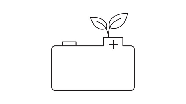 Minimalist black line vector icon of a battery with a small plant growing from the positive terminal, representing green energy, sustainability, and eco-friendly power solutions on white background.