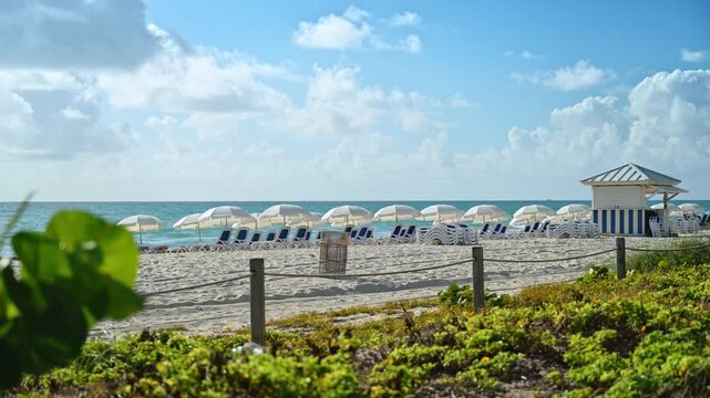 Rows of deck-chairs and white umbrellas on the sandy beach. Beautiful sunny day on the shore in Miami, Florida, USA.