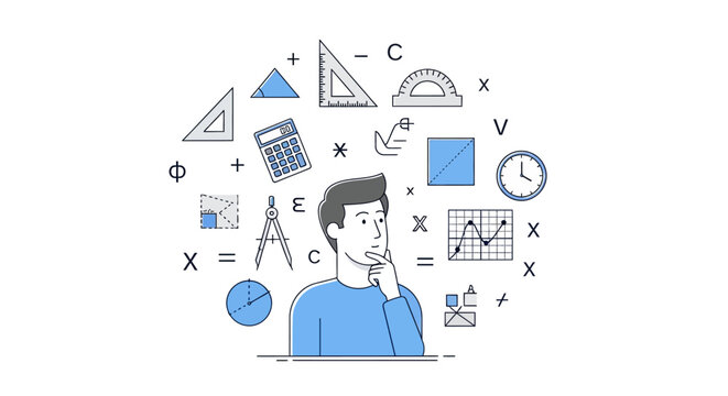 Man thinking with math symbols.