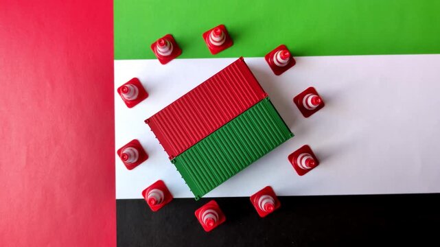 The cargo container ban on the united emirates flag as a conceptual backdrop for the export and logistics of goods. The cargo container embargo on the uae flag as a backdrop for your design