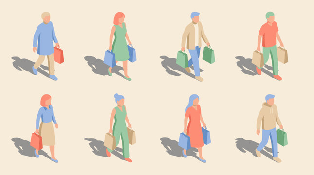 A diverse group of people in isometric 3D model walks and carries shopping bags. Consumerism