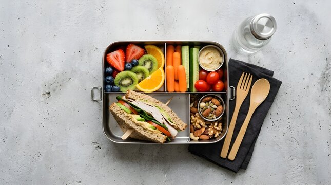 Metal bento box with turkey sandwich and berries