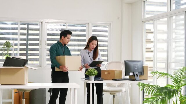Businessman, packing and office move with box, new job or promotion at professional agency. Staff, box and organization of workspace with company relocation and corporate recruitment employee