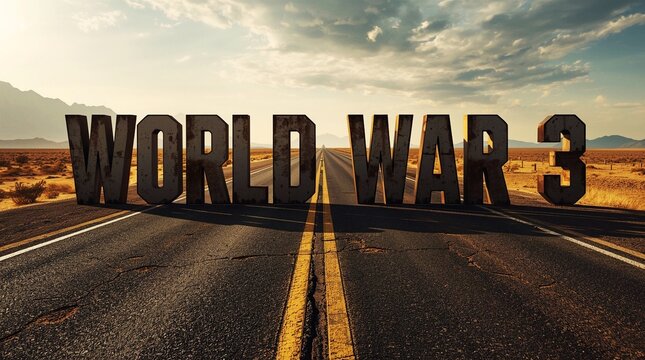 Cinematic "World War 3" metal typography blocking a cracked desert highway under dramatic skies, symbolizing global conflict, crisis, and escalation