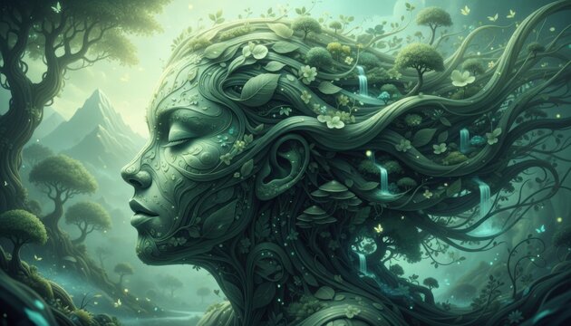 Artistic profile of woman merged with green forest elements including leaves vines waterfalls and mushrooms in mystical misty landscape