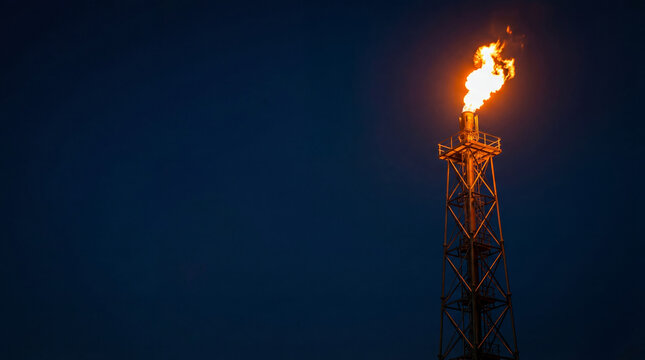 Oil refinery flare stack burning gas at night. Industrial plant tower emitting bright fire flame during gas combustion process. Energy production, petrochemical and fuel industry concept.