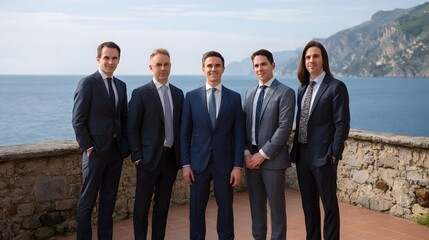 Obraz premium A confident group of professionals in suits standing on a scenic terrace overlooking the vast blue ocean