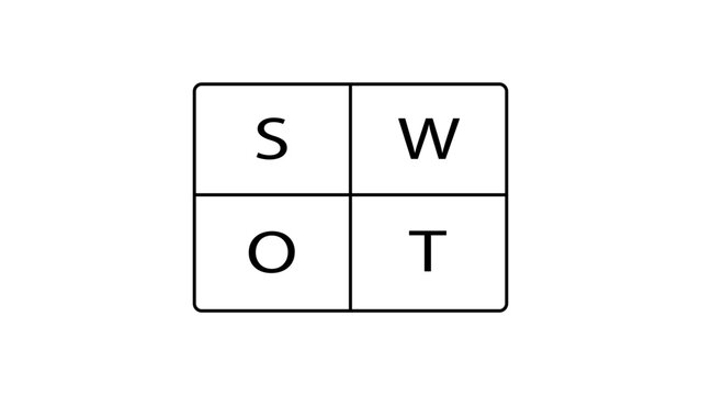 SWOT analysis matrix vector icon. Minimalist black line illustration of a 2x2 grid with letters S, W, O, and T representing strengths, weaknesses, opportunities, and threats for business strategy.