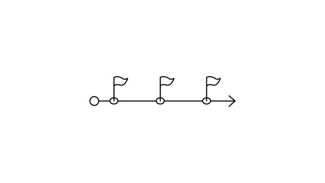Strategic Roadmap Vector Icon Illustration. Minimalist black line art on white background showing a horizontal timeline with three flag milestones and an arrow for progress and business planning.