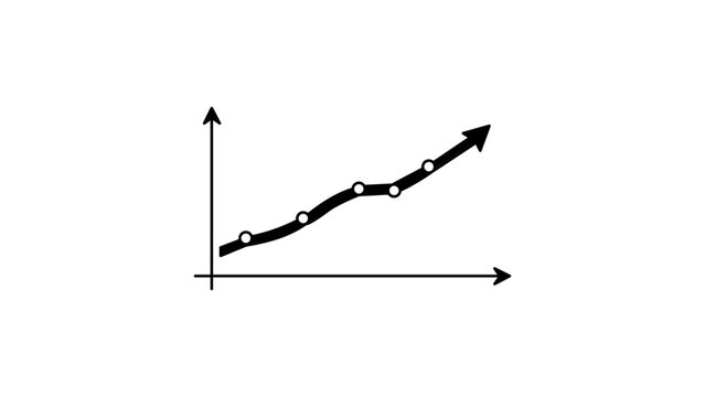 Minimalist black line vector icon of a hand-drawn upward trend line graph with data points on an X and Y axis, representing business growth, financial success, and data analysis illustration.