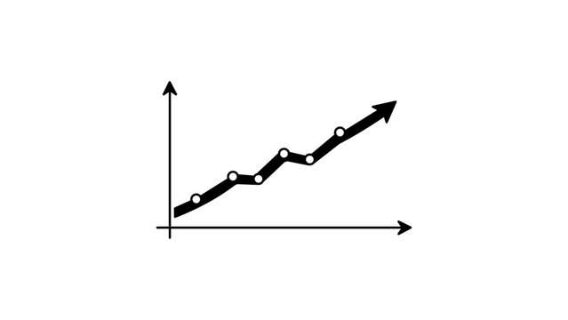 Minimalist black line vector icon illustration of an upward trend line graph with data points on a white background, representing business growth, financial success, and market data analysis.