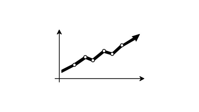 Minimalist black line vector icon of an upward trend line graph with data points and an arrow on a white background, symbolizing business growth, financial success, and data analysis progress.
