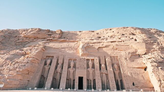 wide tilt down 4k footage of The small temple of Hethor and Nefertari, Abu Simbel, Abu Simbel, UNESCO World Heritage Site, Egypt, North Africa,