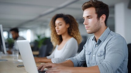 Fototapeta premium A focused professional male works on a laptop in a modern office setting alongside a collaborating female colleague
