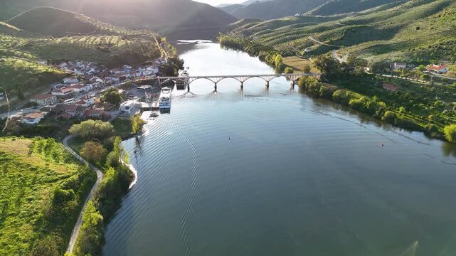 Aerial view of bridge over douro river near pinhao village