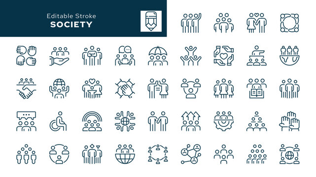 Society. Set of outline icons. Social group, people, communication, human community, interaction, unification and more. Line icon in linear style. Vector collection	