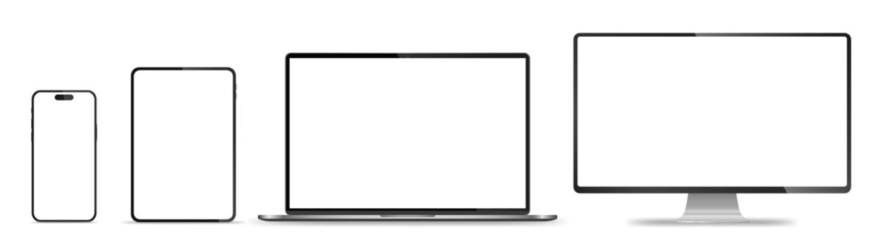 Realistic set of monitor, laptop, tablet, smartphone. Stock royalty free. AI / EPS / PNG / JPEG