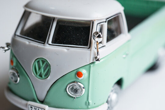 Gothenburg, Sweden - January 07 2013: Vintage Volkswagen bus toy model in pastel colors close up detail.